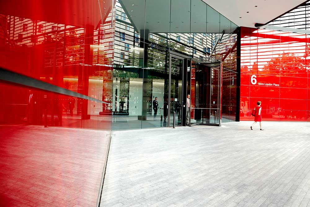 more london red office building entrance by airey spaces